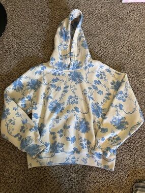 Blue Floral Print Hooded Women's Sweater